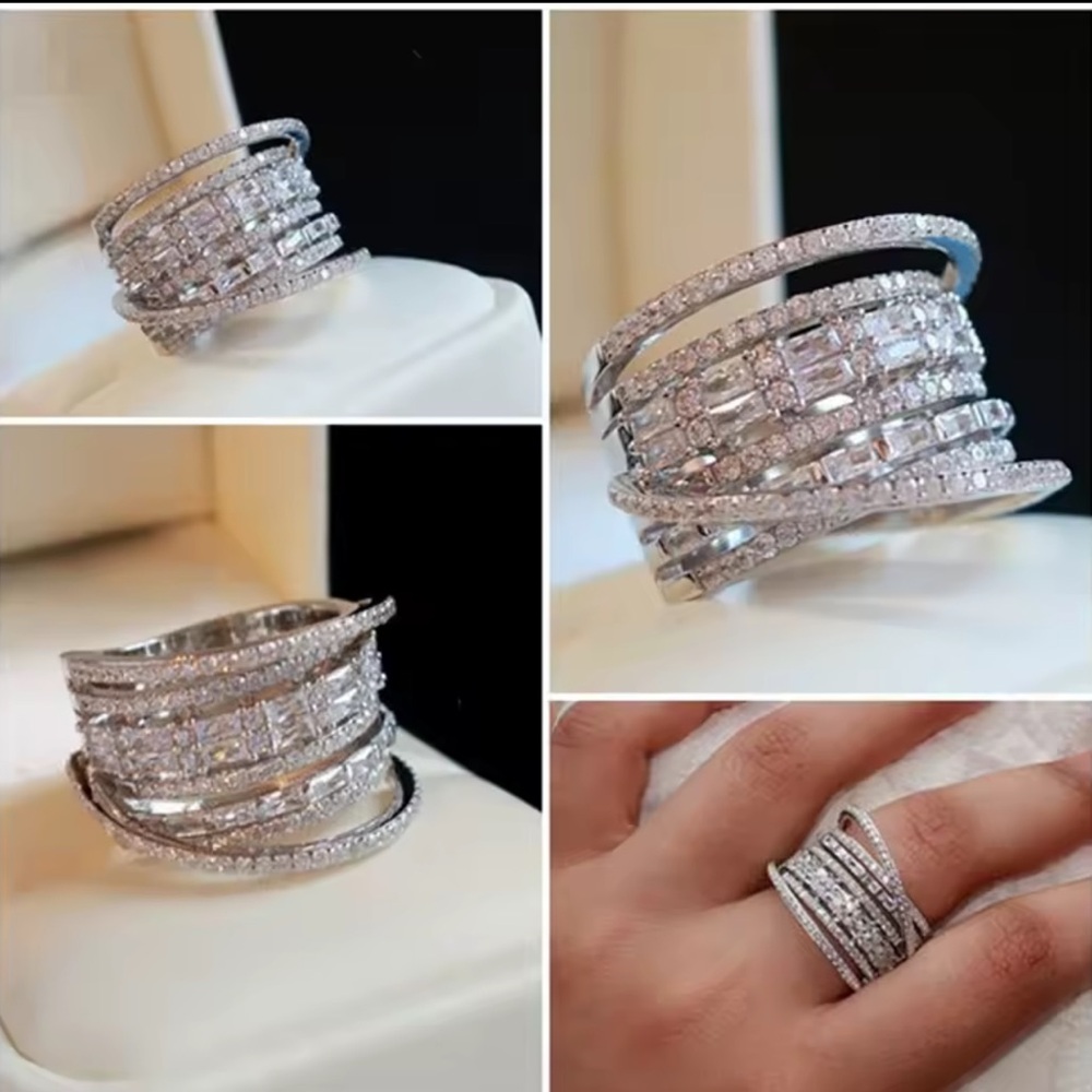 Anthropologie Silver Multi-Row Crystal Wrap Ring